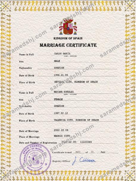 Spain marriage certificate PSD template